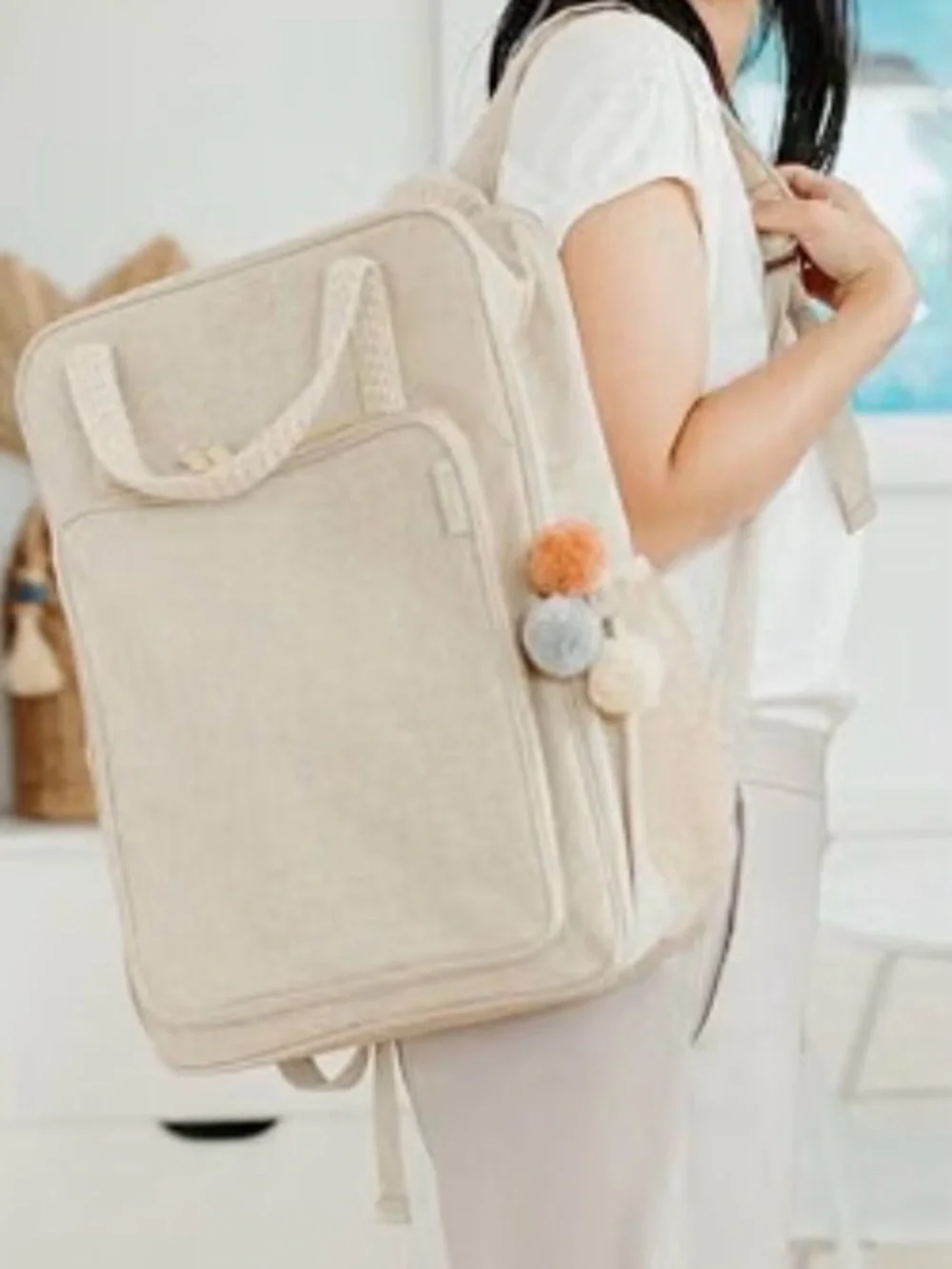 So Young Neutral Cream Canvas Backpack Tote for Women Teacher Bag Work Bag